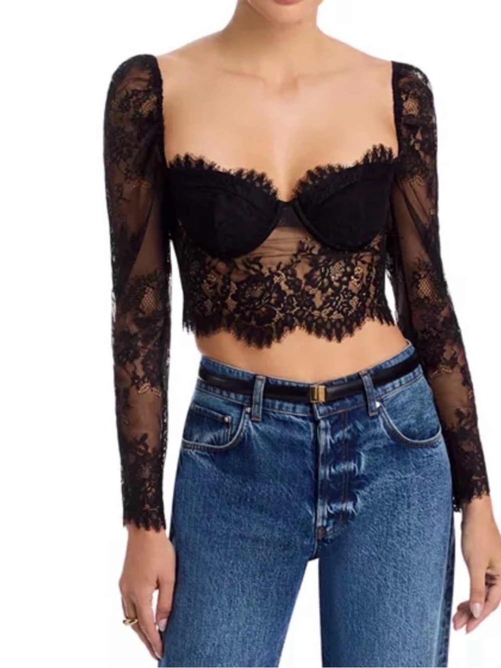 L'AGENCE Black Lace Long-Sleeve Cropped Bustier